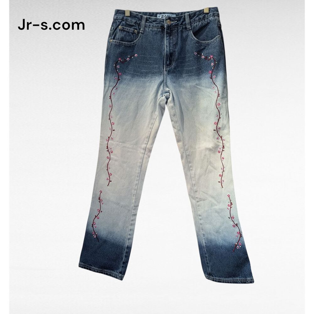 JR-S.com blue ombre style w/embroidered flowers Y2K Jeans  Sz 9/10